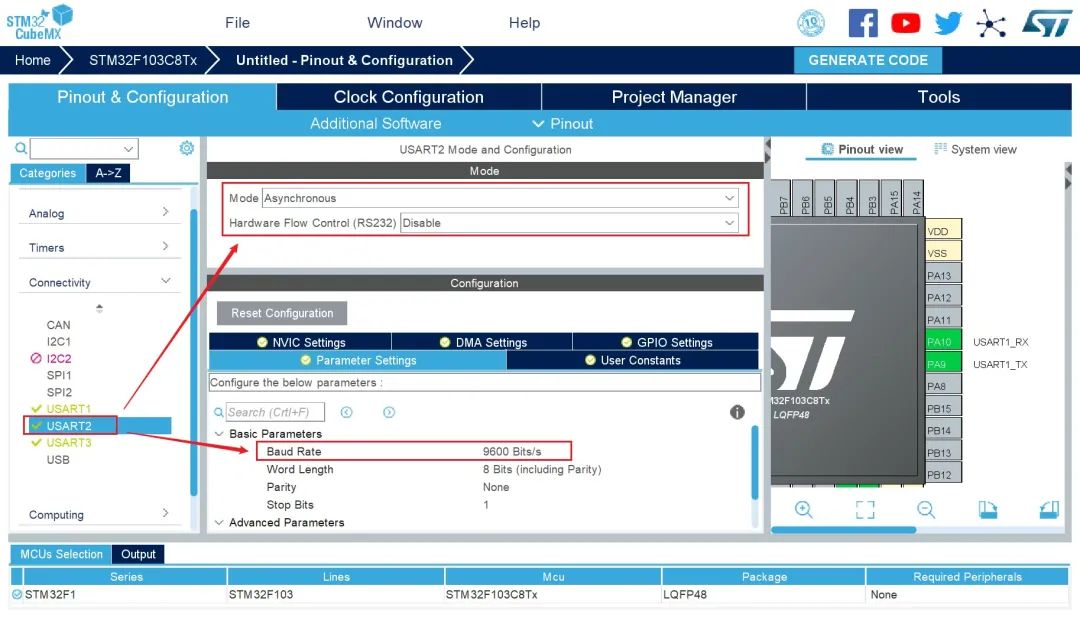 STM32CubeMX Configuration for STM32F103C8Tx UART Data Manager