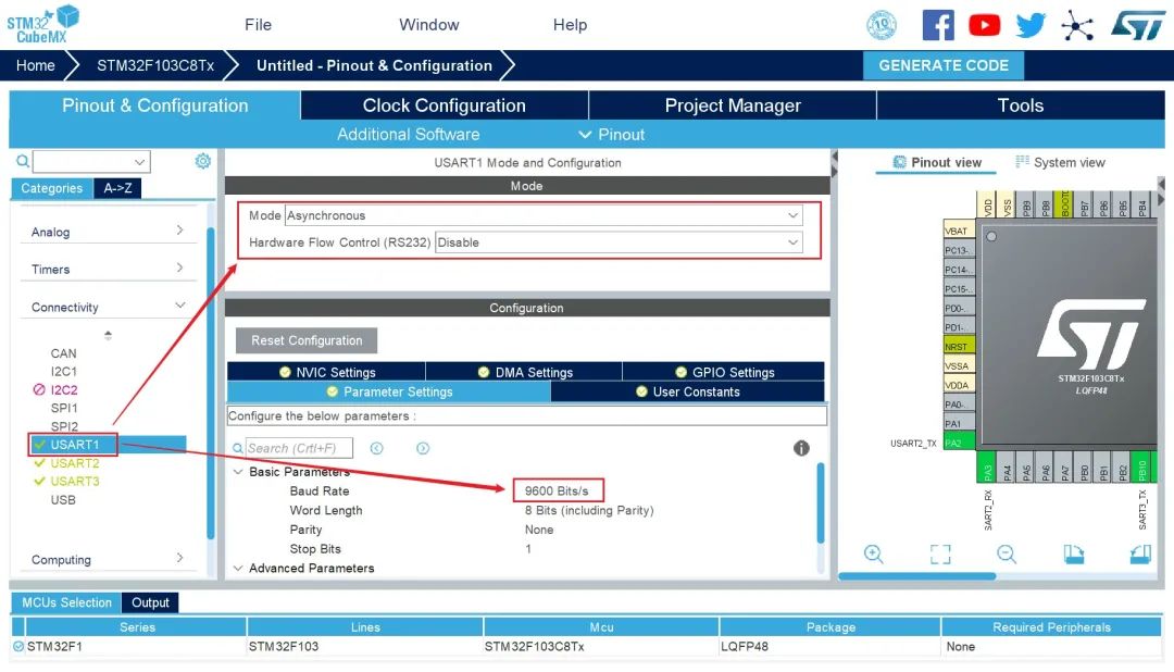 STM32CubeMX Configuration for STM32F103C8Tx UART Data Manager