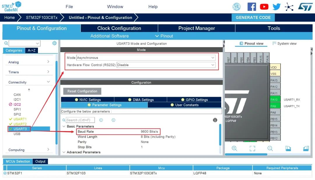 STM32CubeMX Configuration for STM32F103C8Tx UART Data Manager