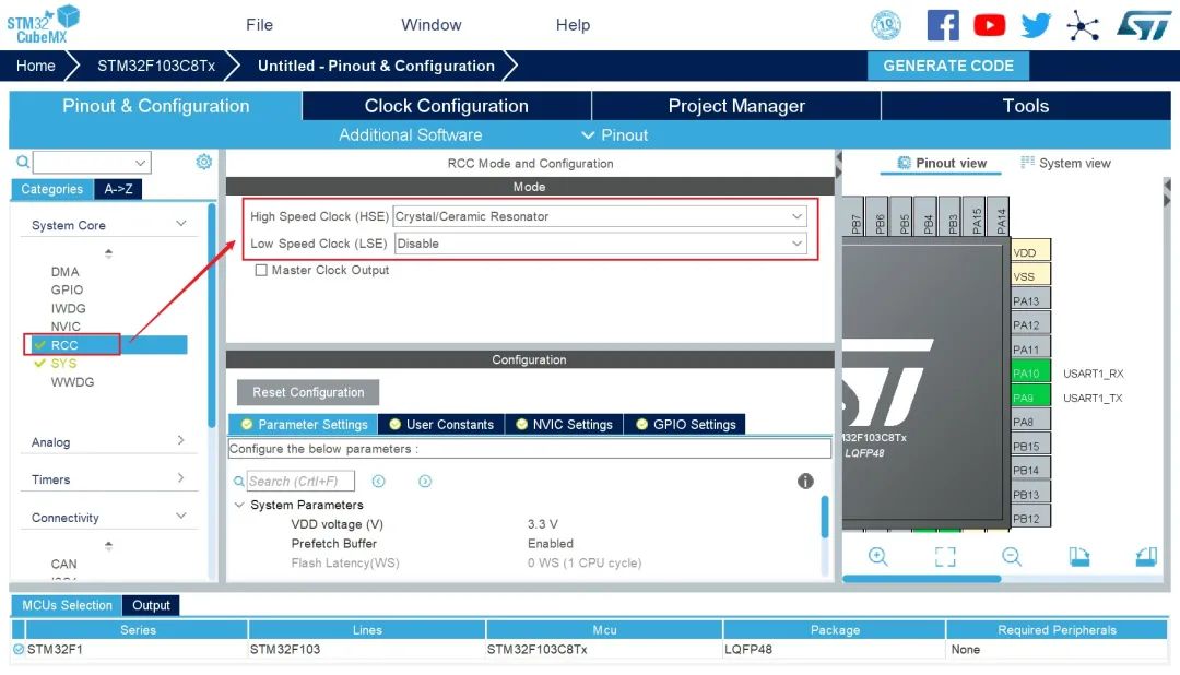 STM32CubeMX Configuration for STM32F103C8Tx UART Data Manager