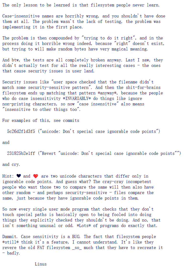 Linus Torvalds Criticizes Case-Insensitive File Systems as a Major Mistake