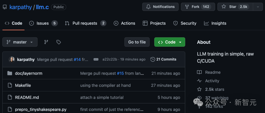 Training GPT-2 with Just 1000 Lines of C Code! AI Expert Karpathy's New Project Gains 2.5k Stars