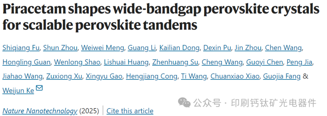 Wuhan University’s Ke Weijun in Nature Nanotechnology: Piracetam Shapes Wide-Bandgap Perovskite Crystals for Scalable Perovskite Tandems