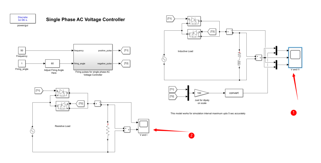 Simulation of a Single-Phase AC Voltage Controller with Two Back-to-Back Thyristors (Simulink Implementation)