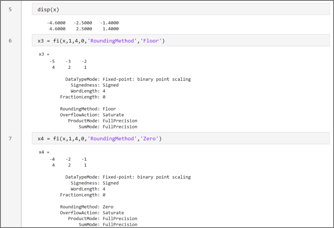 Rounding and Overflow Modes of Fixed-Point Numbers in MATLAB