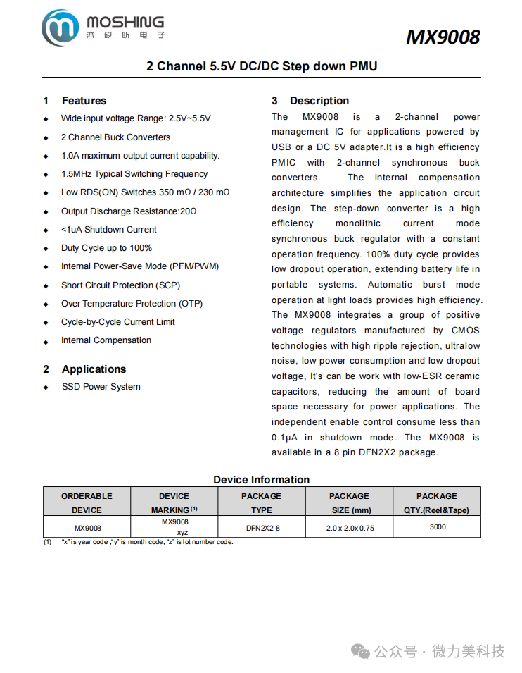 MX9008 Dual-Channel PMIC with Shutdown Power Consumption as Low as 1μA: Designed for Portable Device Longevity and Space Optimization