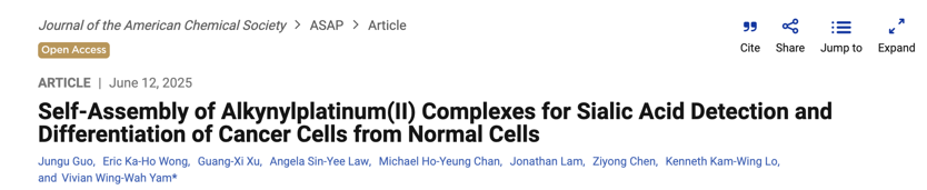 Literature Sharing | J. Am. Chem. Soc. | Alkynyl Platinum Complex Self-Assembly for Sialic Acid Detection and Differentiation of Cancer Cells from Normal Cells