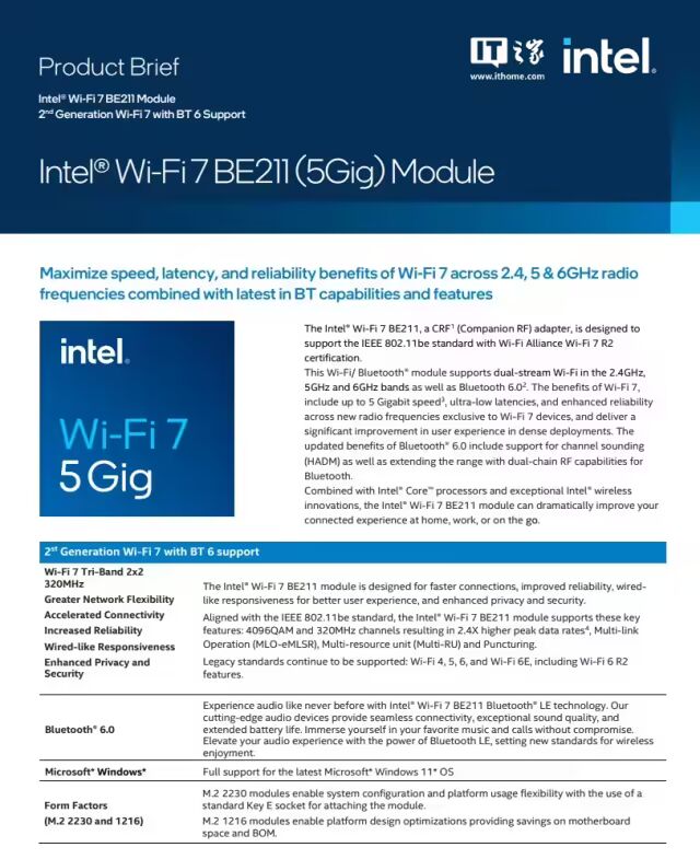 Intel Launches Second Generation Wi-Fi 7 Wireless Card BE211 (5Gig) with Bluetooth 6.0 Support