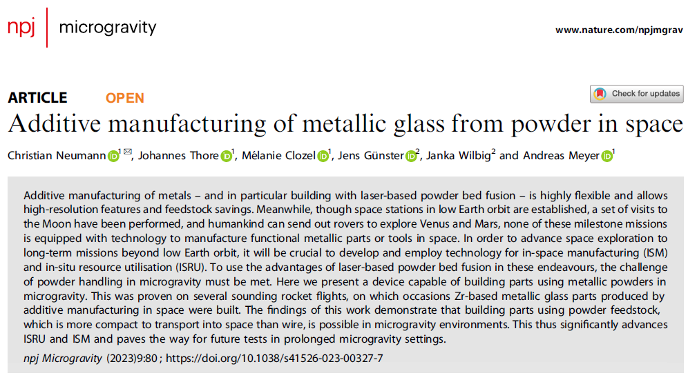 Successful 3D Printing of Metallic Glass in Space Environment