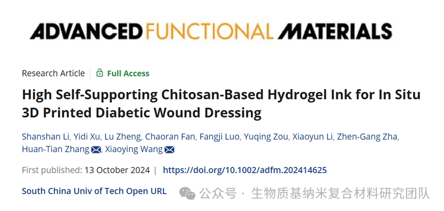 High Self-Supporting Chitosan-Based Hydrogel Ink for In Situ 3D Printed Diabetic Wound Dressing