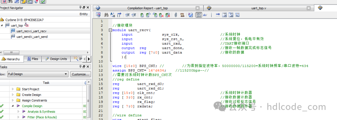 UART Asynchronous Serial Communication Circuit Design Verilog Code for Quartus FPGA_C4_V2.1 Experimental Board
