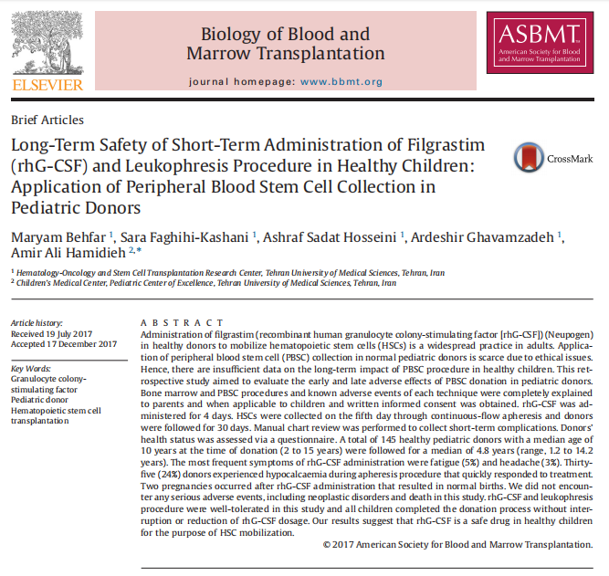 Long-Term Safety of Short-Term Administration of rhG-CSF and Leukopheresis in Healthy Children: Application of Peripheral Blood Stem Cell Collection in Pediatric Donors