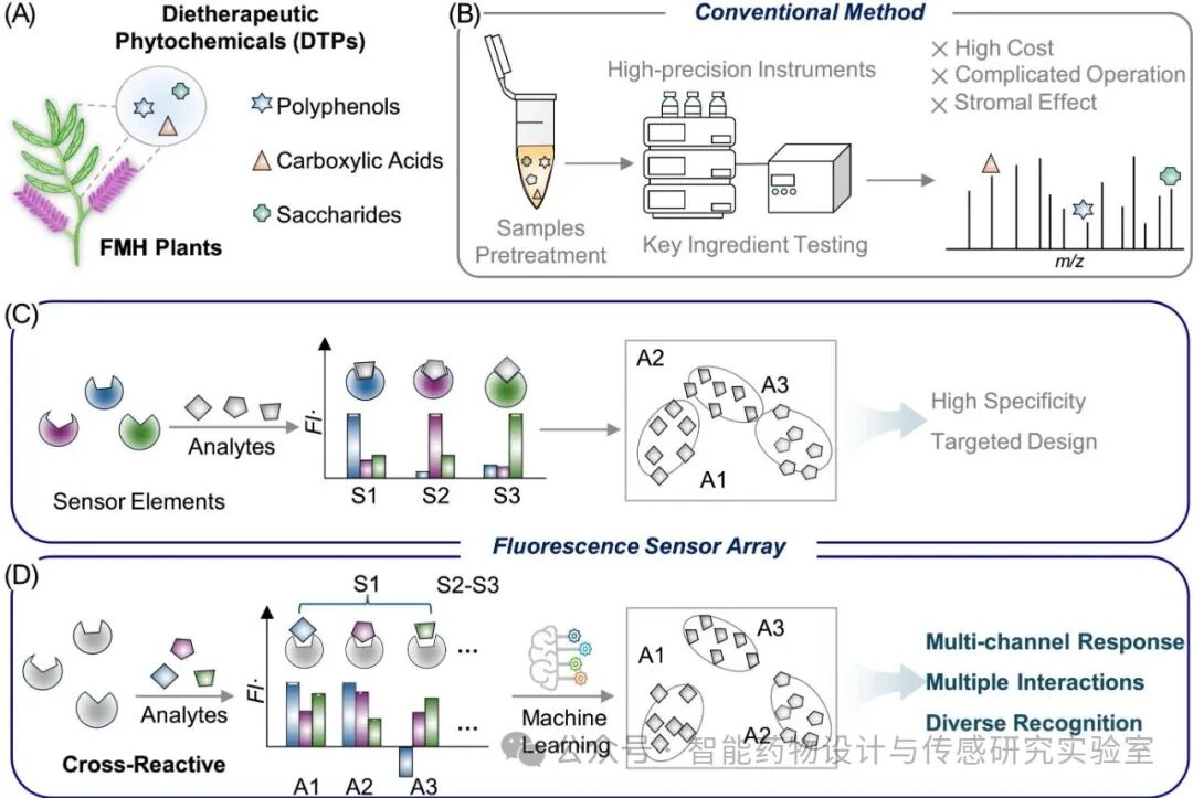 Cross-Responsive Fluorescence Sensor Arrays Combined with Machine Learning for Dietherapeutic Phytochemicals Recognition in Food-Medicine Homology Products