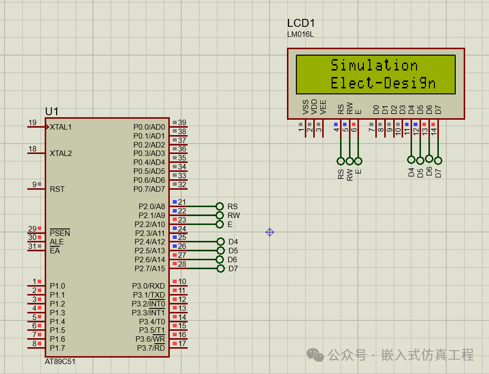 AT89C51-Proteus Simulation of Microcontroller and LCD Interface (4-bit Mode)