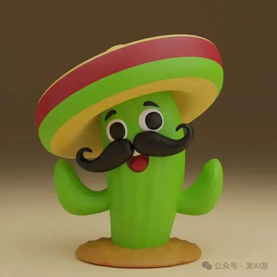 3D Printed Cactus Figurine - Character with a Sombrero and Mustache