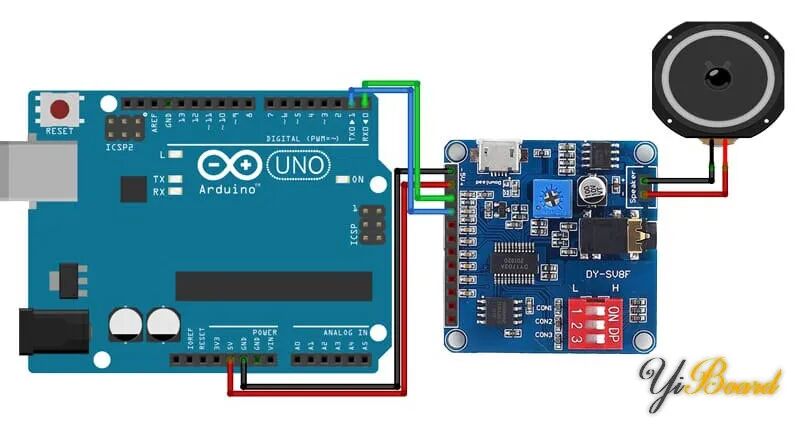 How to Connect the DY-SV8F MP3 Voice Playback Module with Arduino Development Board