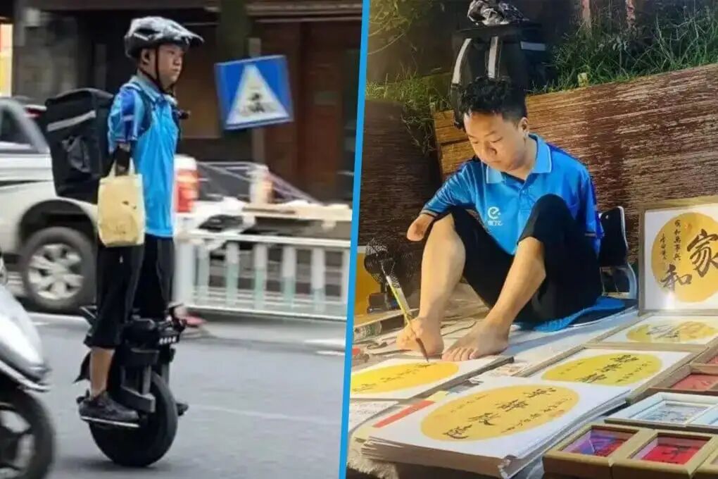 Armless Man Delivers Food on Unicycle, Uses Lips to Call Customers
