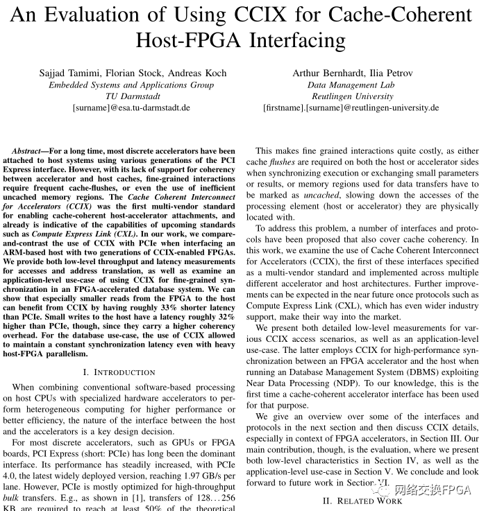 Evaluation of High-Speed Cache Coherence Host-to-FPGA Interface Using CCIX