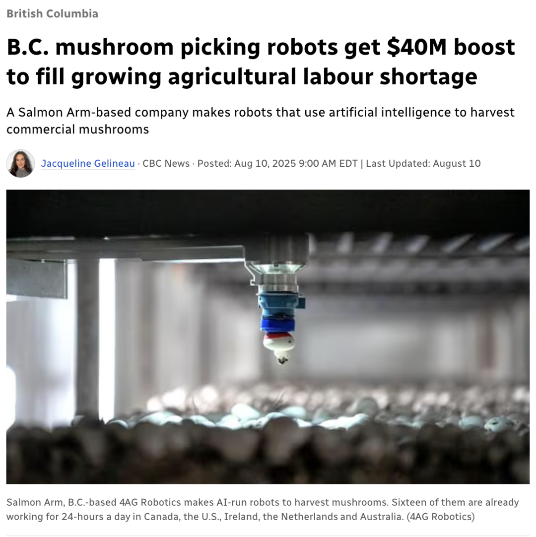 BC Invests Over CAD 15 Million in AI Robotics: Mushroom Robots and Air Insulated Greenhouses to Save Energy and Expand Production