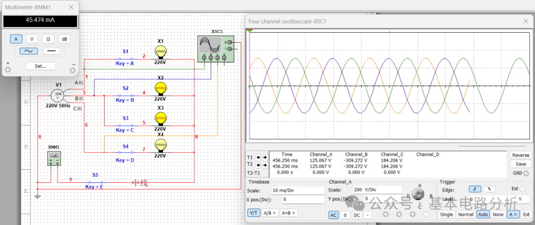 Simulating a Y-Y Connected Three-Phase Circuit with Multisim