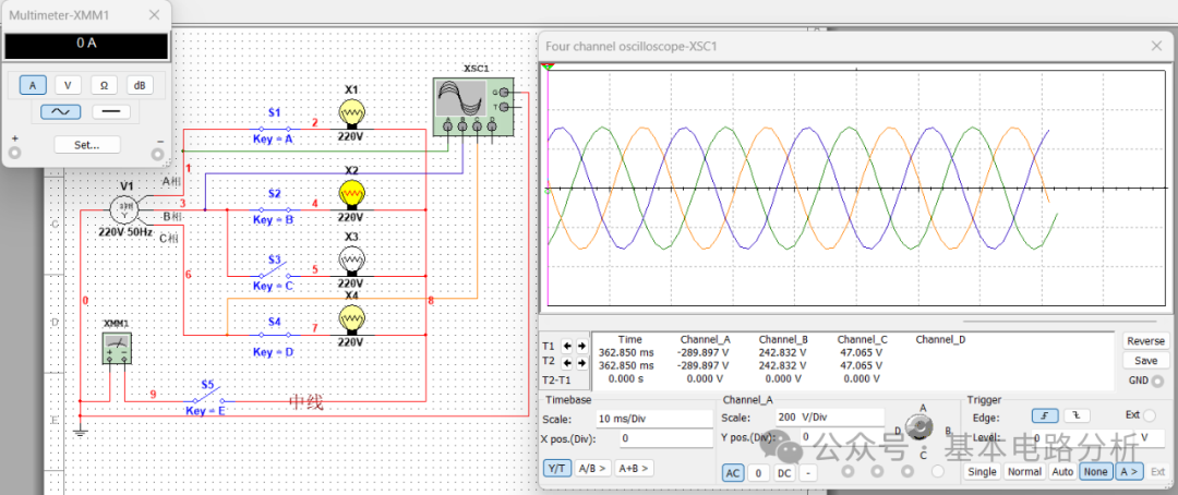 Simulating a Y-Y Connected Three-Phase Circuit with Multisim