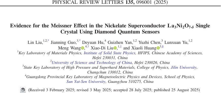 PRL: NV Center Quantum Sensor Confirms Meissner Effect in Nickel-Based Superconductors