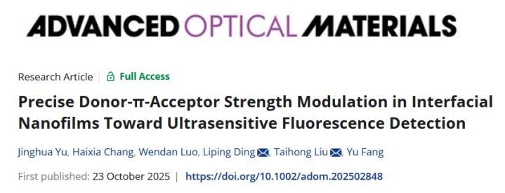 AOM | Shaanxi Normal University Ding Liping/Taihong Liu Team: Precise Modulation of D-π-A Strength in Interface Nanofilms for Ultrasensitive Fluorescence Detection