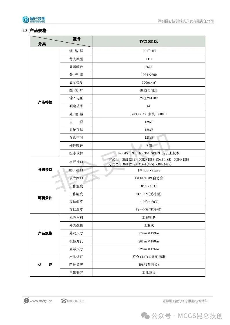 User Manual for Kunlun Tongtai Touch Screen TPC1031Kt