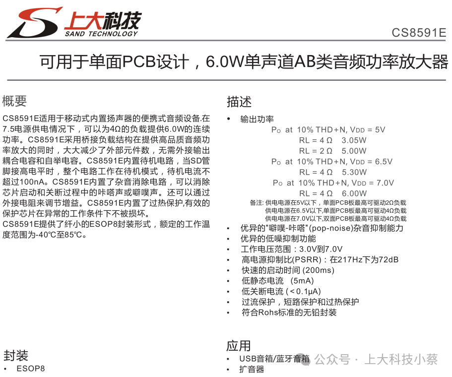 CS8591: A 6.0W Monophonic Class AB Audio Power Amplifier for Single-Sided PCB Design