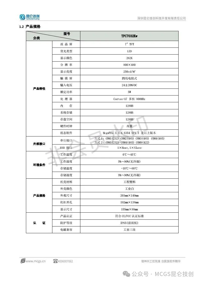 User Manual for Kunlun Tongtai Touch Screen TPC7032Kw
